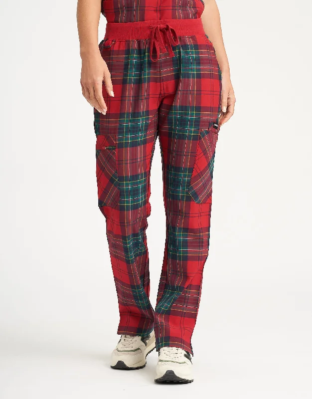 Essential Multi-Pocket Scrub Pants - Christmas Red Tartan Stylish Casual Pants