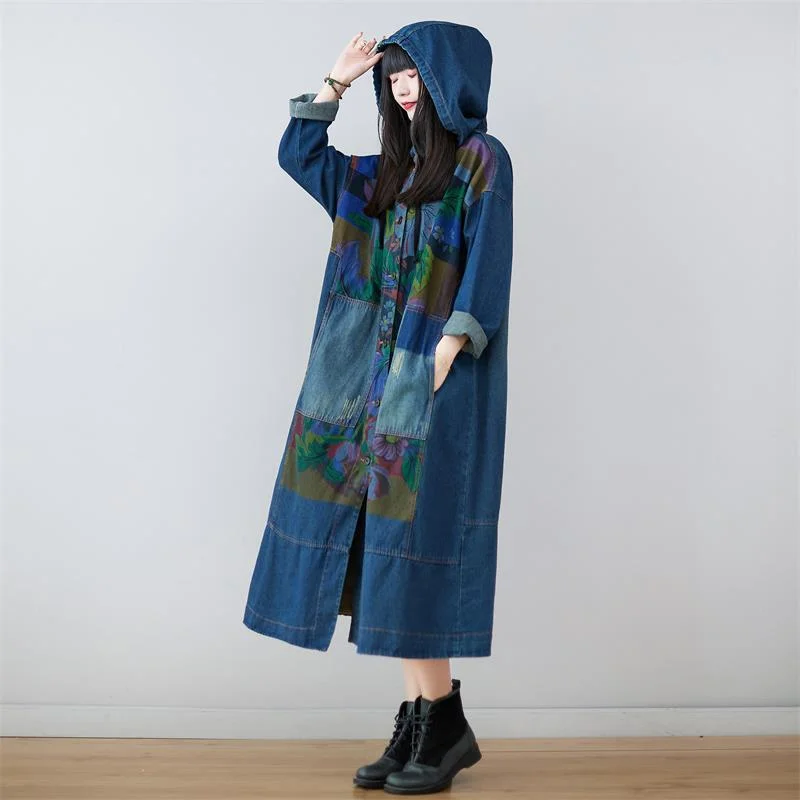 Mai Denim Hooded Long Coat Hoodie with Oversized Fit Loose Comfortable