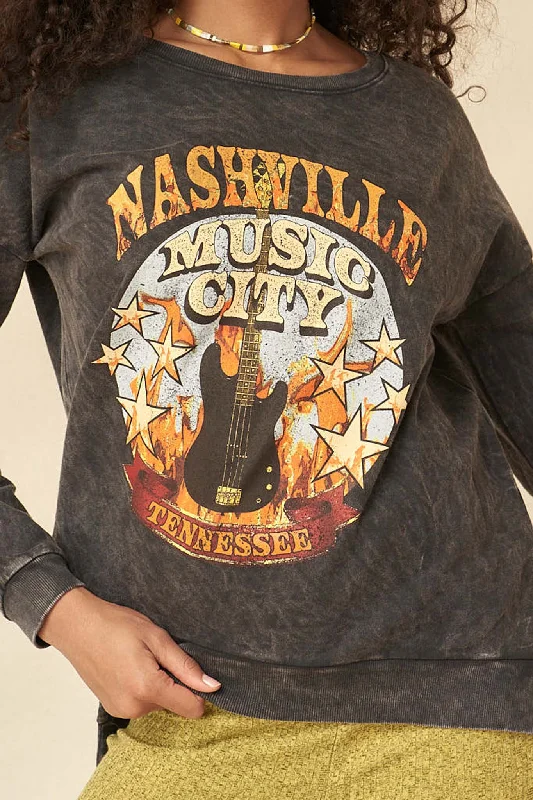 Nashville Music Vintage-Washed Graphic Sweatshirt Hoodie with Contrast Stitching Detailed Premium