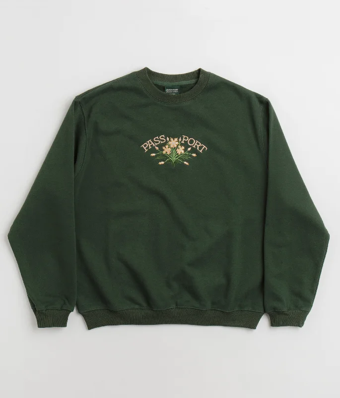 Pass Port Bloom Organic Crewneck Sweatshirt - Forest Green Hoodie with Rolled Sleeves Casual Relaxed