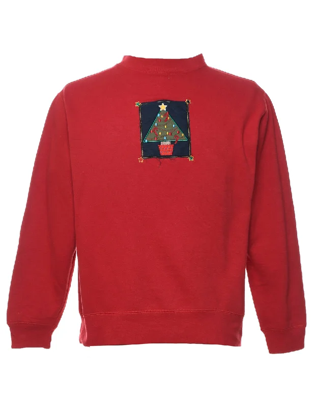 Red Christmas Sweatshirt - L Hoodie with Rhinestones Sparkly Elegant