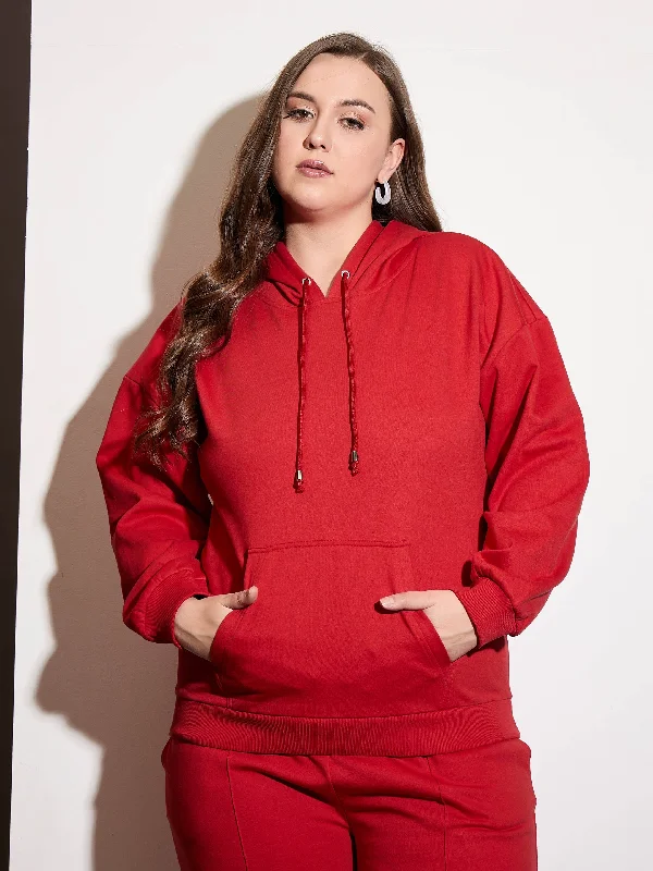 Women Red Fleece Hoodie Hoodie with Hem Elastic Stretchable Comfortable