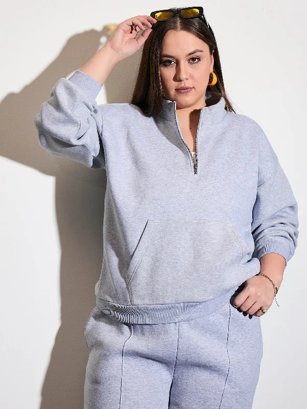 Women Grey Melange Half Zipper Sweatshirt Hoodie with Crew Neck Simple Timeless