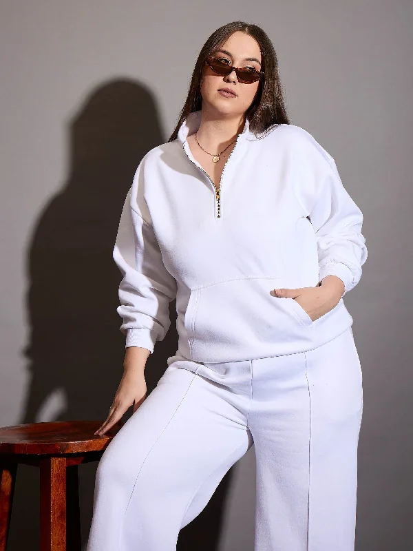 Women White Fleece Half Zipper Sweatshirt Hoodie with High Neck Warm Protective