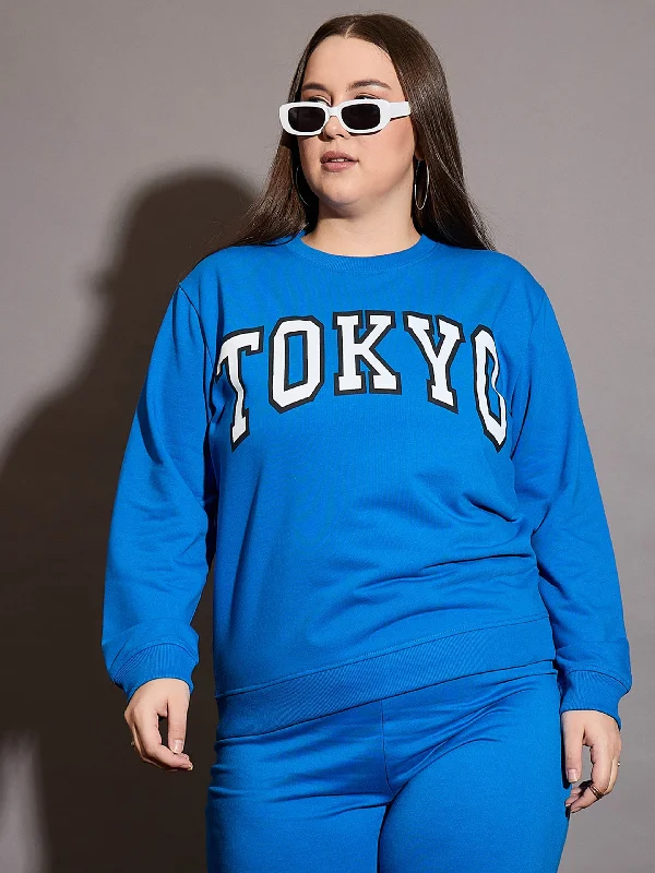 Women Royal Blue Terry TOKYO Printed Sweatshirt Hoodie with Fur Luxurious Winter