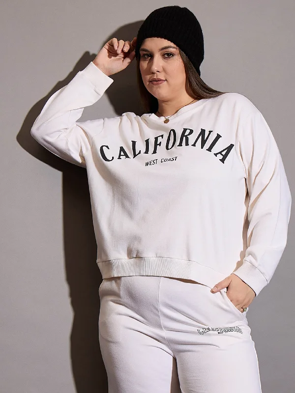 Women White CALIFORNIA Terry Sweatshirt Hoodie with Batwing Sleeves Loose Dramatic