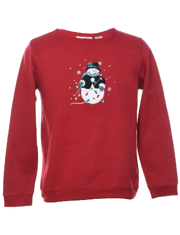 Snowman Design Maroon Christmas Sweatshirt - M Hoodie with Patch Decorative Personalized