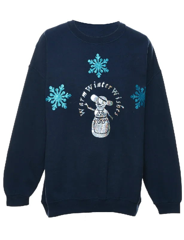 Snowman Design Navy Christmas Sweatshirt - XL Hoodie with Belted Waist Structured Tailored