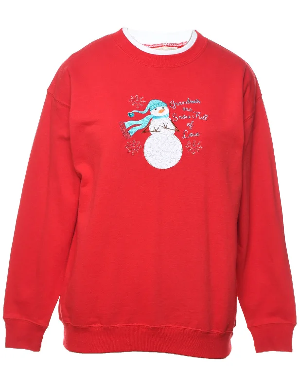 Snowman Design Red Christmas Sweatshirt - M Hoodie with Hem Fringe Bohemian Relaxed