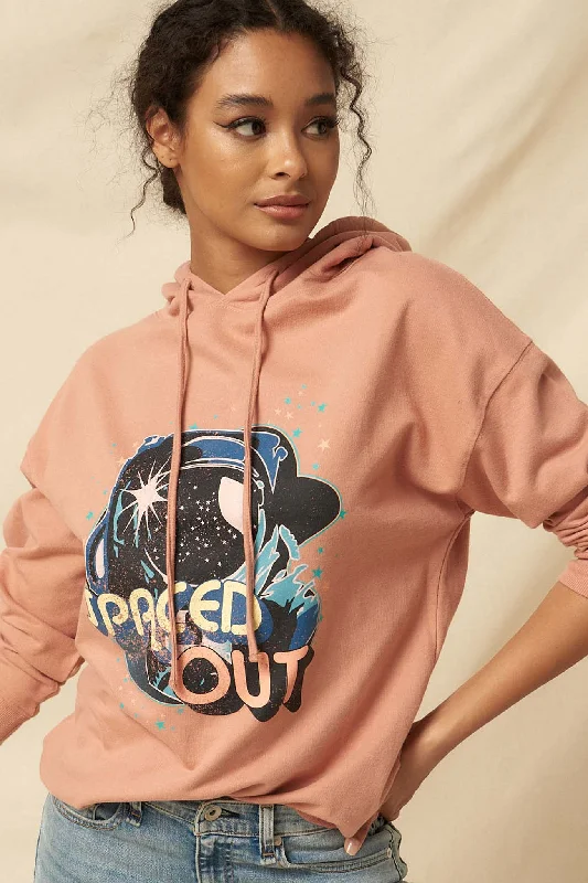 Spaced Out Garment-Dyed Vintage Graphic Hoodie Hoodie with Hem Contrast Bold Stylish