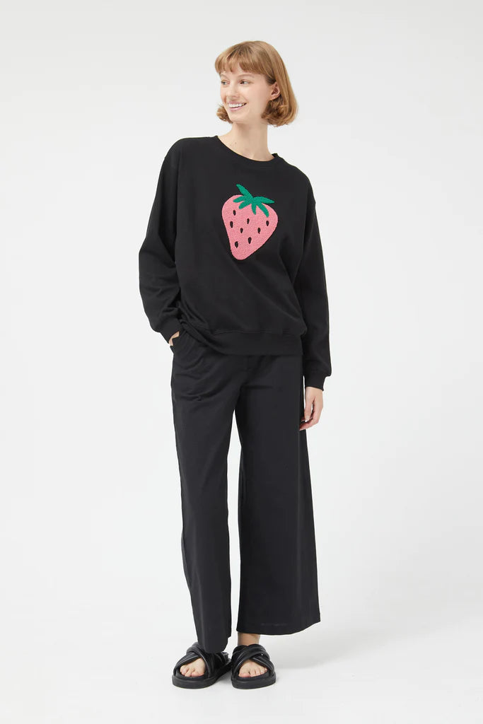 Strawberry Sweatshirt Black Hoodie with Hem Applique Textured Unique