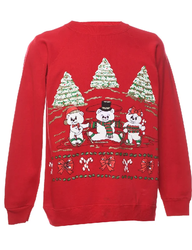 Teddy Bear Print Christmas Sweatshirt - L Graphic Hoodie Design Print