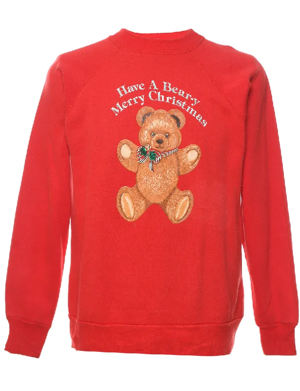 Teddy Bear Print Christmas Sweatshirt - L Hoodie with Fur Luxurious Winter