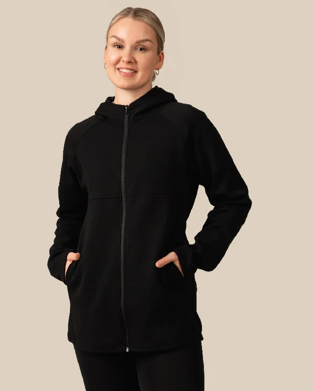 Toive Zip-Up Hoodie Long Black Hoodie with Ribbed Neckline Snug Warm