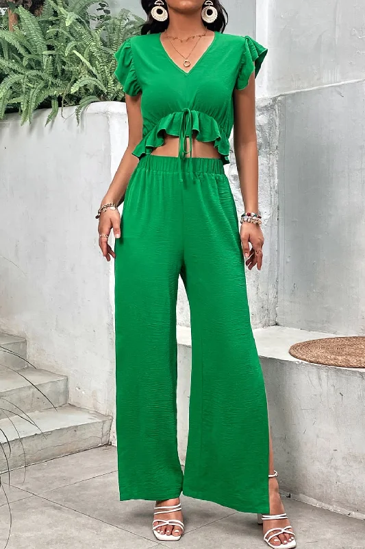 V-Neck Ruffle Hem Top and Slit Pants Set Trendy Work Pants