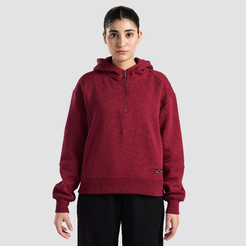 Vitablaze Half Zip Hoodie (Burgundy) Hoodie with Hem Raw Edge Edgy Unfinished