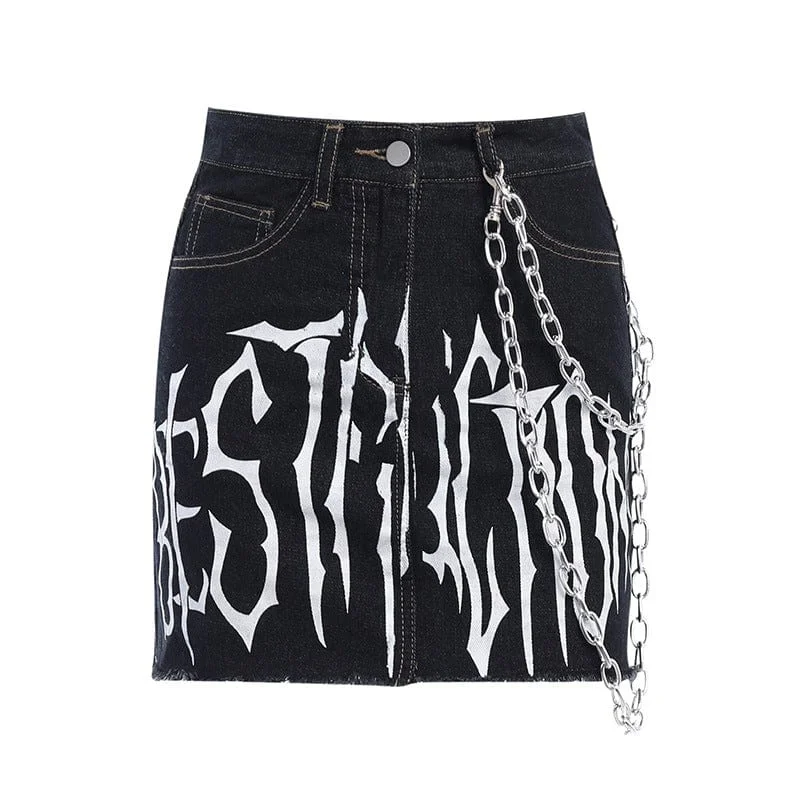 Women's Grunge Letter Printed Denim Pants with Chain Comfortable Cargo Pants