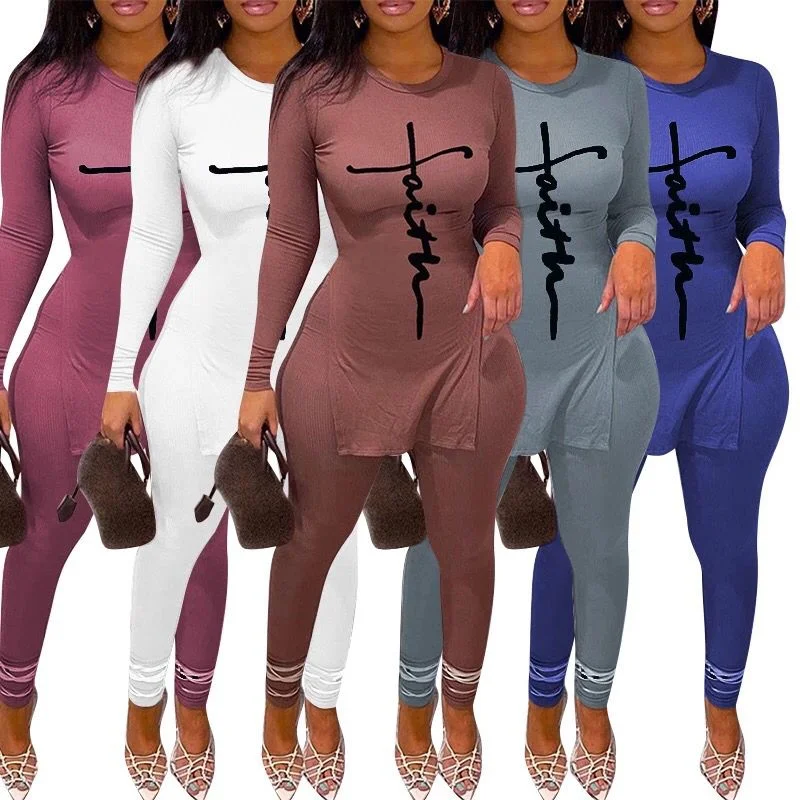 2pcs Round Neck Long Sleeves Side Split Letter Print Lady Tops Pants Elegant High-Waist Pants