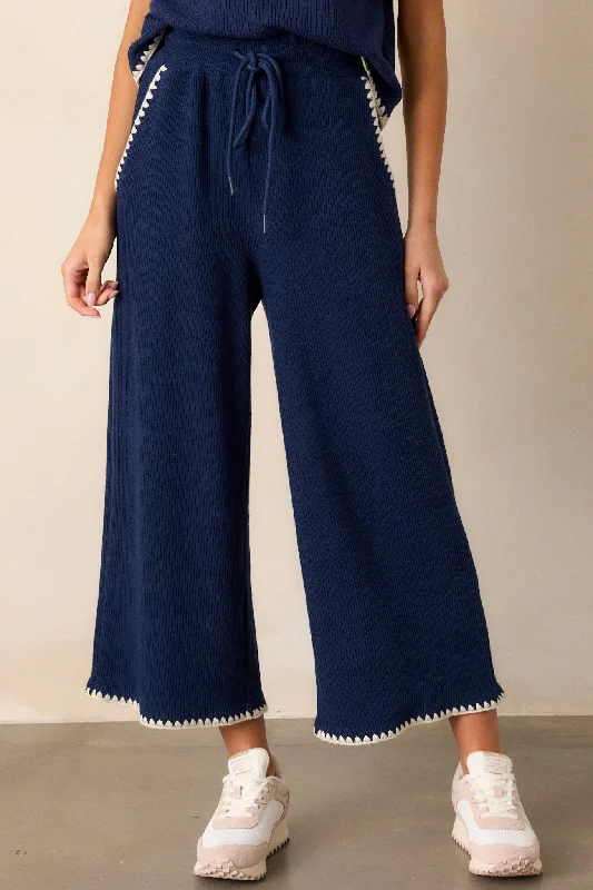 Anytime Now Navy Blanket Stitch Wide Leg Pants Elegant Trouser Pants