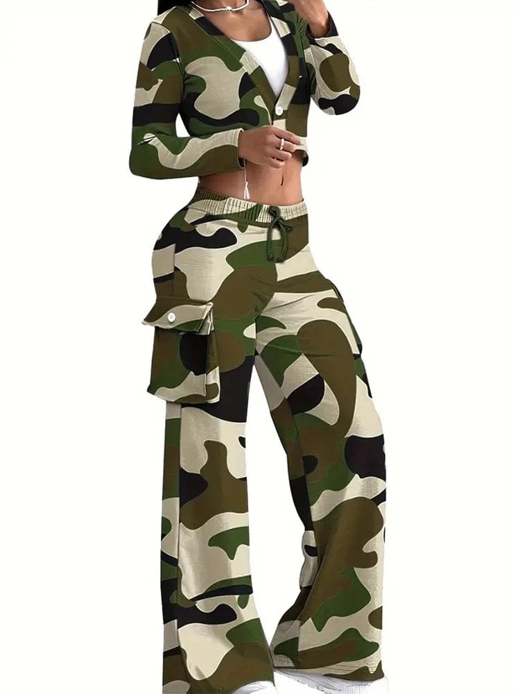 Camouflage Printed Casual Set Fashionable Sexy Short Top Casual Pants Two-piece Set Women's Sports Suit Outdoor Clothing Trendy Printed Pants