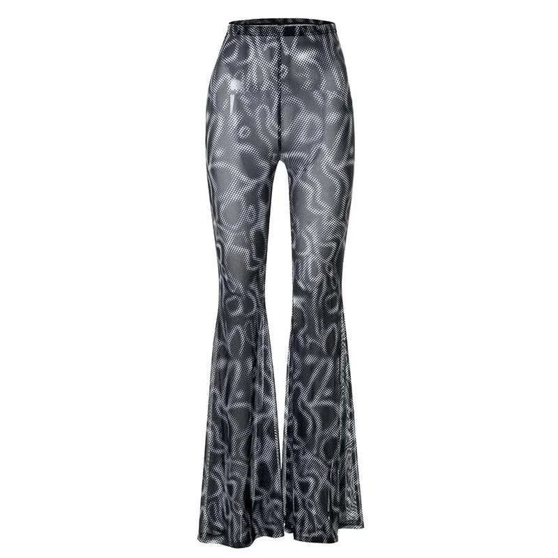 Mesh see through flared print pant High-Waist Trousers