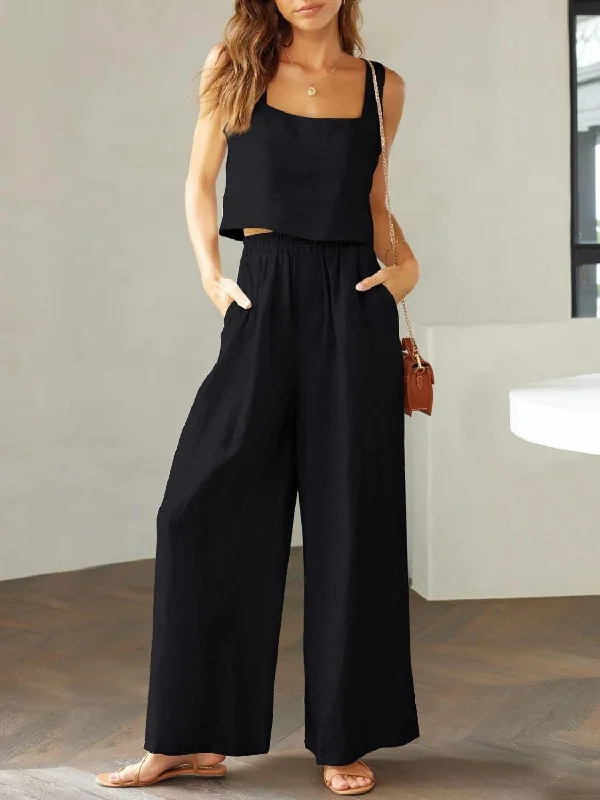 Square Neck Top and Wide Leg Pants Set in 8 Colors High-Waist Yoga Pants