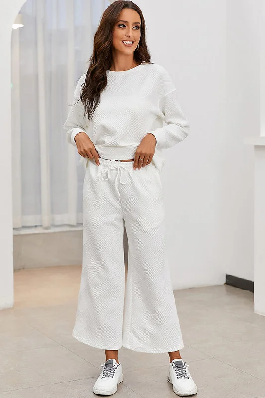 Textured Long Sleeve Top & Pants Set Elegant High-Waist Pants