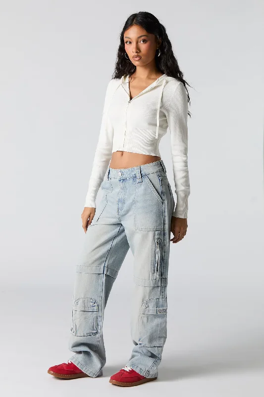 Zip Pocket Straight Leg Cargo Jean Fashionable White Denim Jeans