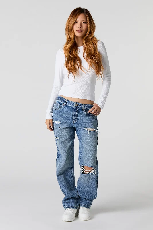 Distressed Slouchy Straight Leg Jean Stylish Shredded Denim Jeans