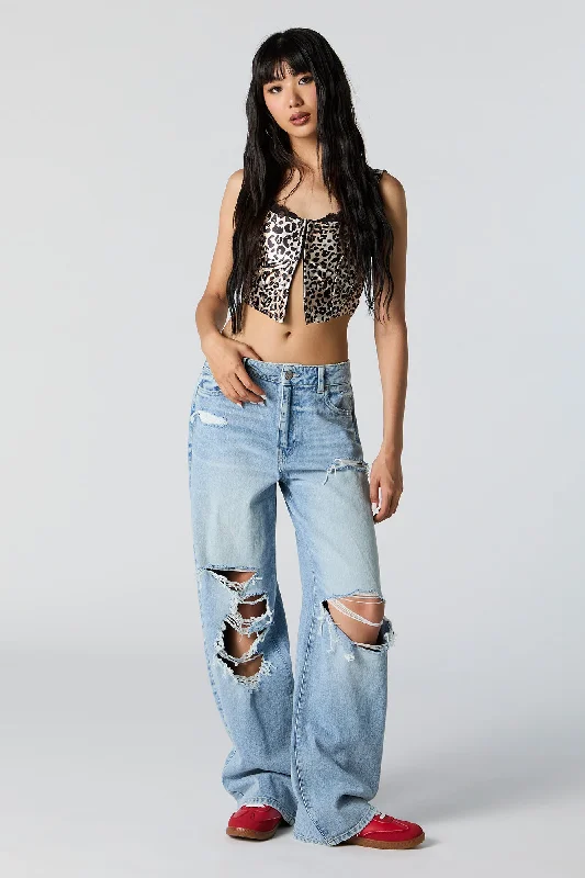 Ultra Distressed High Rise Wide Leg Jean Stylish Acid-Wash Jeans