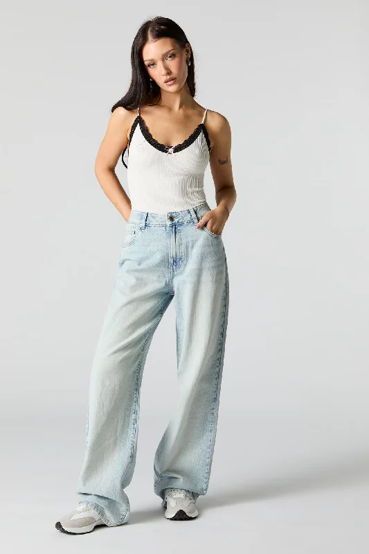 Light Wash High Rise Wide Leg Jean Chic Rolled Cuff Denim Jeans