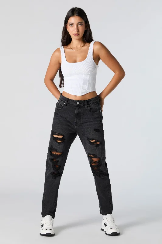 Distressed High Rise Black Wash Mom Jean Cozy Relaxed Fit Jeans