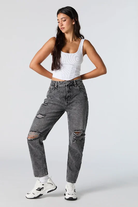 Distressed High Rise Grey Wash Mom Jean Fashionable Cropped Denim Jeans