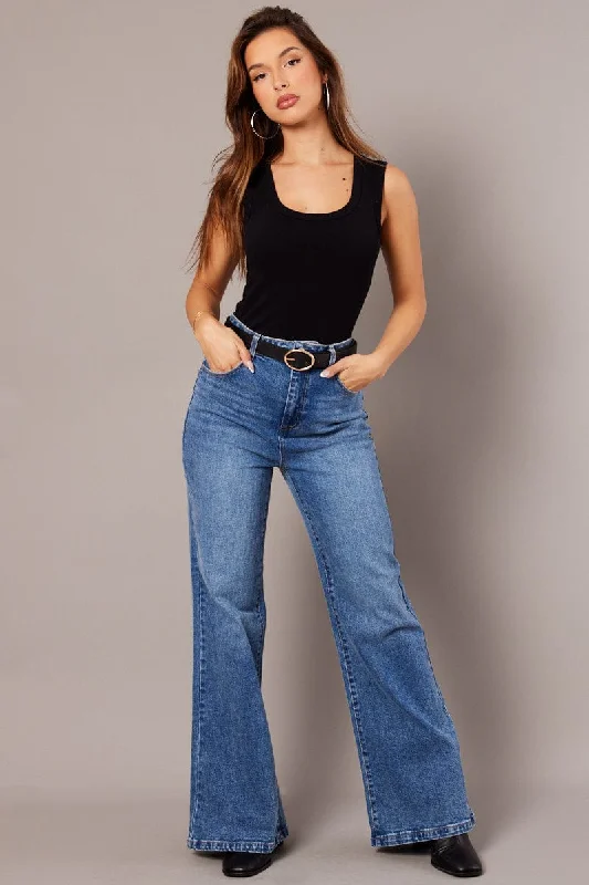 Denim Wide Leg Jean High Rise Fashionable Raw Hem Bootcut Jeans