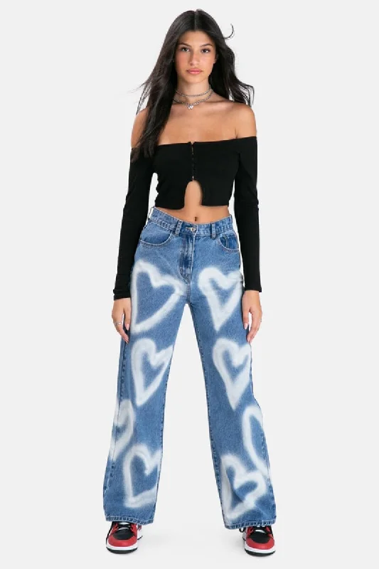 High Waisted Heart Print Blue Baggy Jean Fashionable Raw Hem Bootcut Jeans