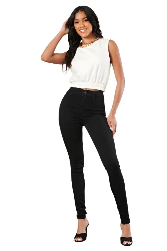 High Waisted Skinny Jean in Black Comfortable Folded Hem Jeans