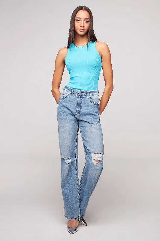 JANIS - Wide Leg Jean - Medium Blue Trendy Cut-Off Denim Shorts