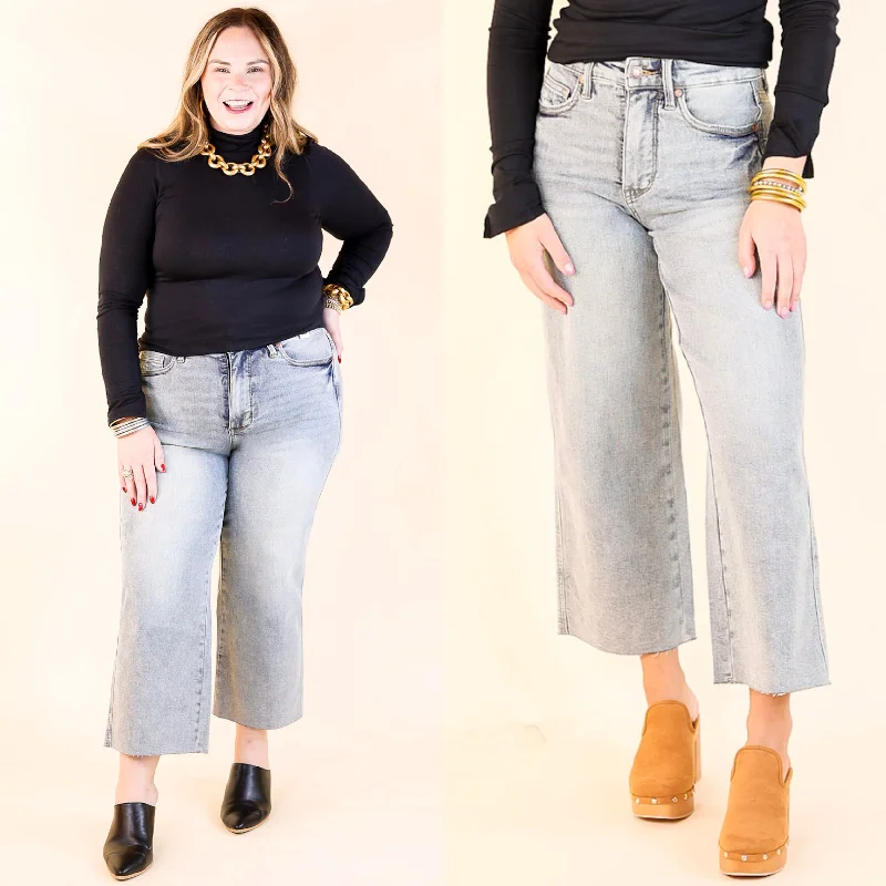 Judy Blue | Casual Confidence Mid Rise Tummy Control Cropped Wide Leg Jean with Raw Hem in Light Wash Fashionable Raw Edge Jeans