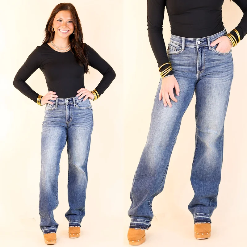 Judy Blue | Effortless Appeal Mid Rise Dad Jean with Release Hem in Dark Wash Comfortable Stretch Fit Jeans