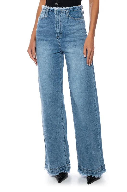 JULIE RAW WAISTBAND WIDE LEG JEAN Elegant High-Waisted Flared Jeans