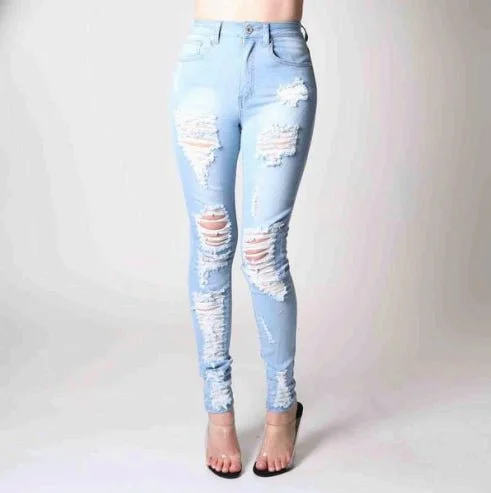 Red Fox High Waist Rip Off Skinny Jean (Light Blue) Elegant Raw Hem Jeans