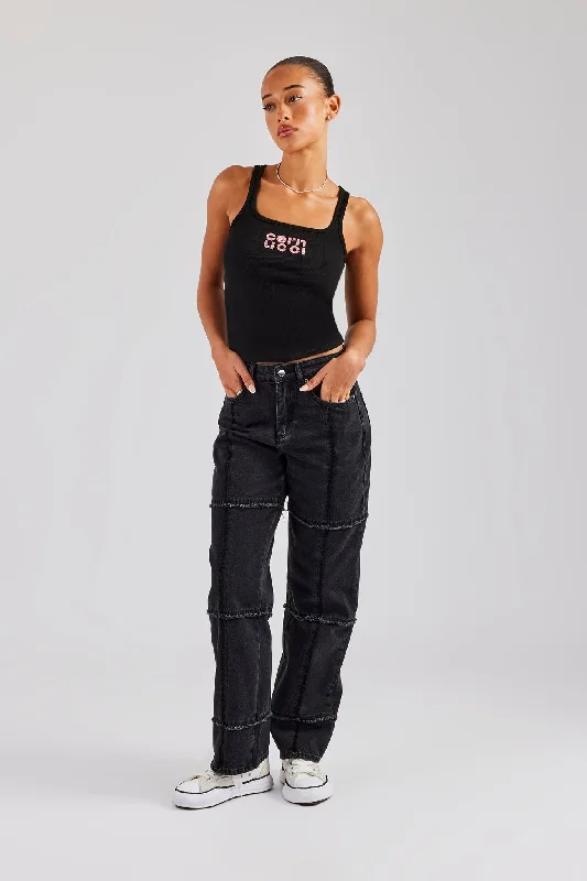 Relaxed Square Raw Edge Jean - Washed Black Trendy Button-Up High-Waist Jeans