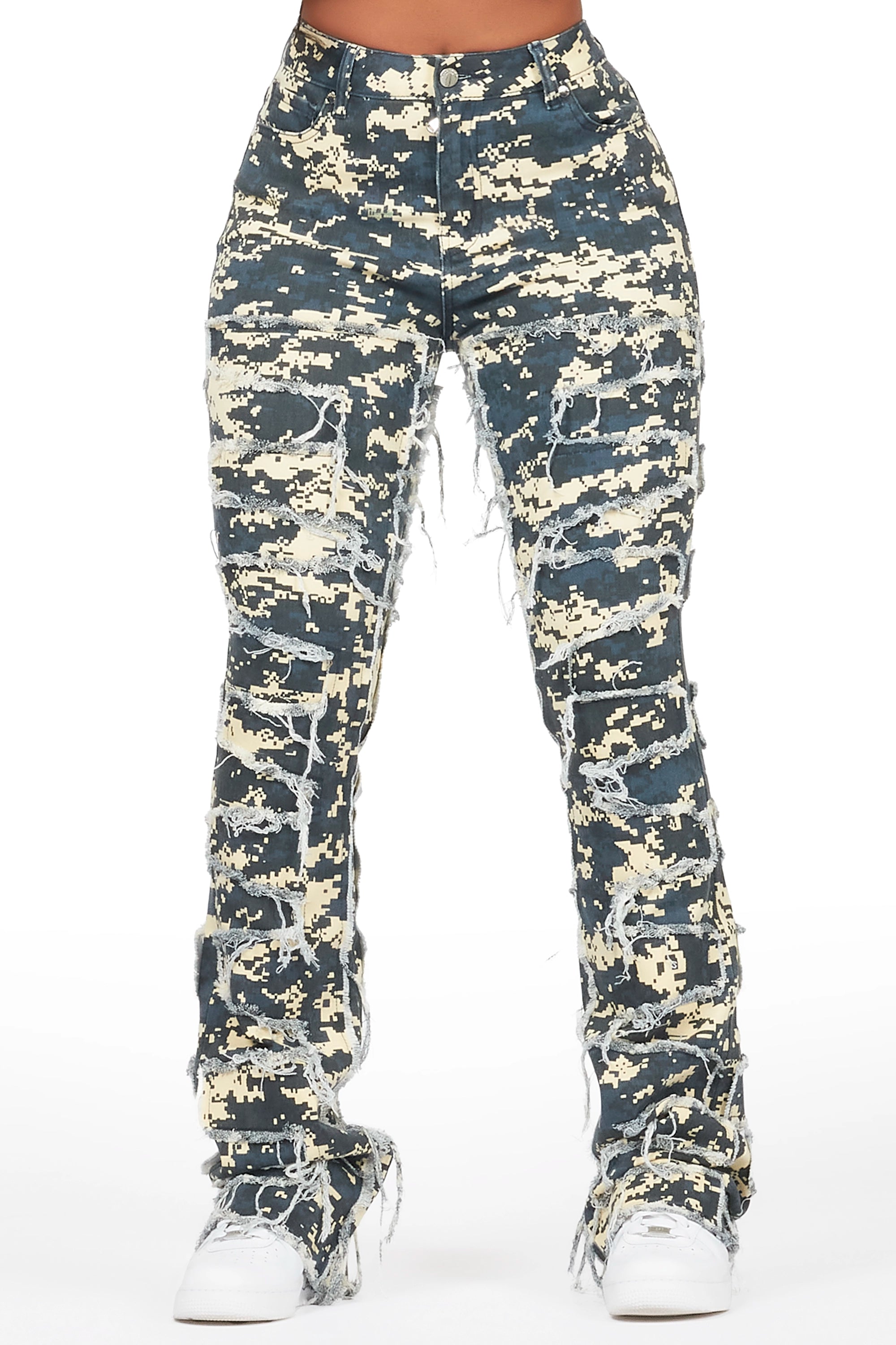 Zariyah Digital Camo Stacked Flare Jean Casual Distressed Denim Jeans