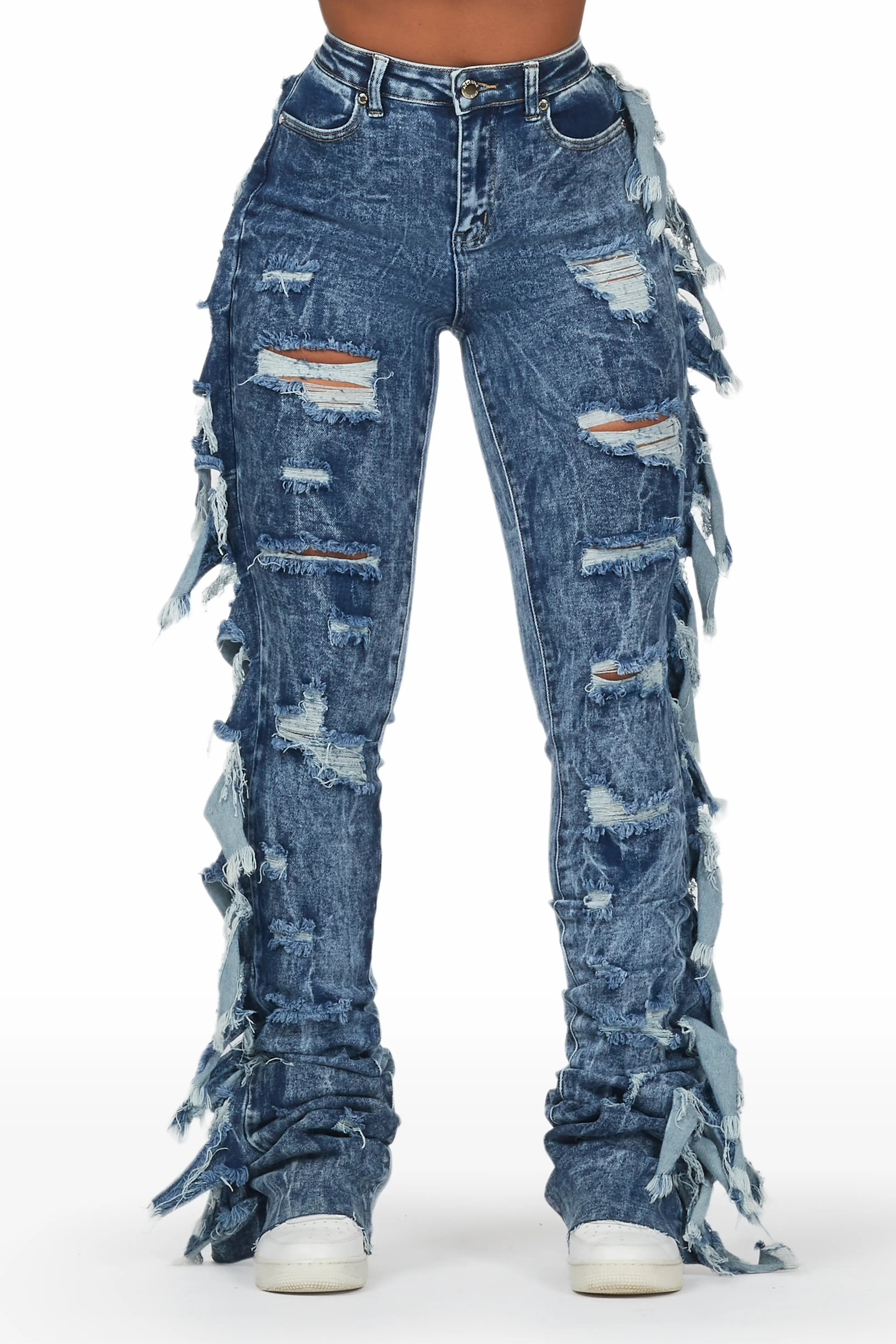 Cataleya Acid Wash Super Stacked Jean Comfortable Distressed Straight-Leg Jeans