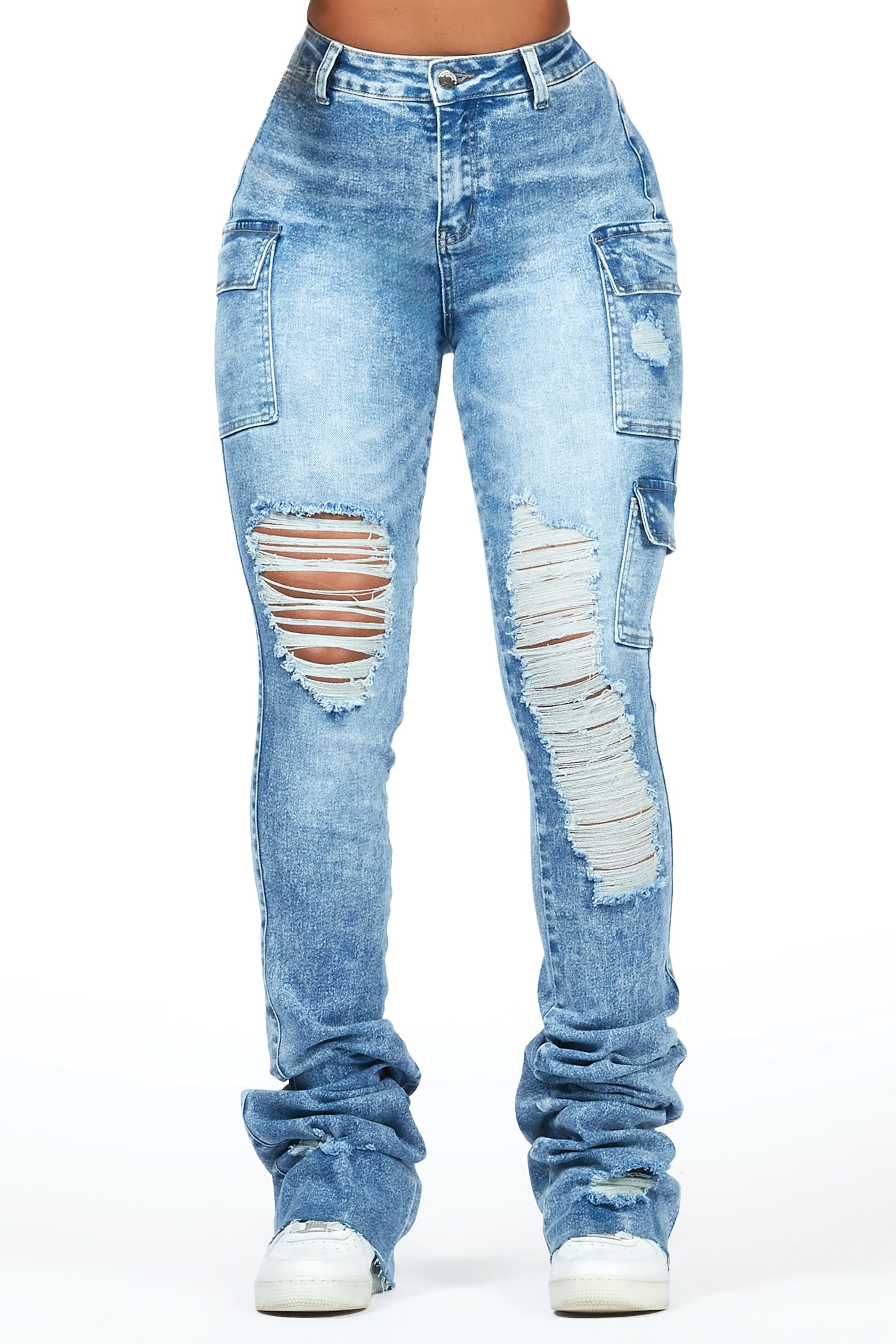 Vixen Acid Wash Distressed Cargo Super Stacked Jean Fashionable Raw Edge Jeans