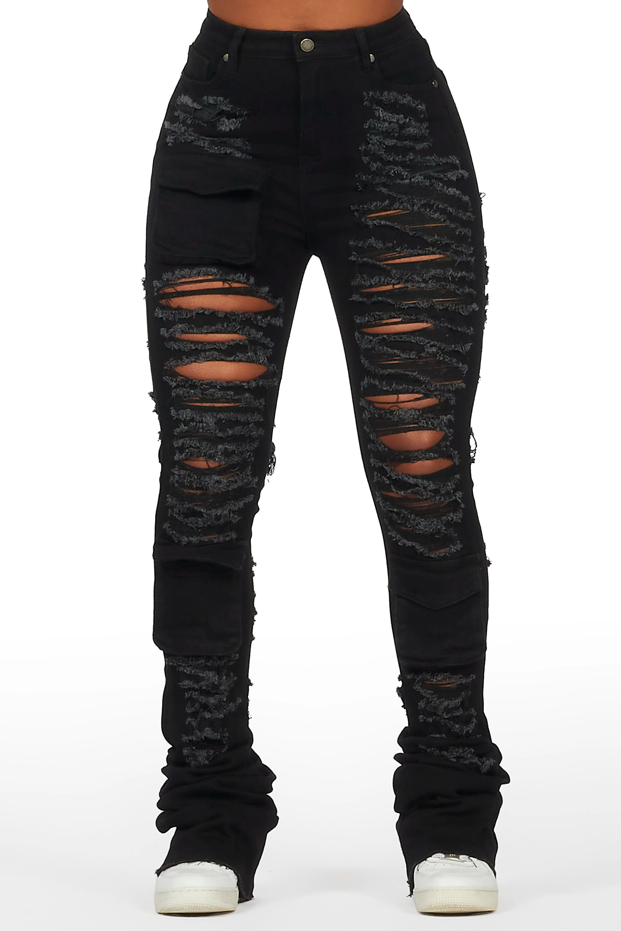 Capria Black Ultra Distressed Super Stacked Jean Chic Rolled Cuff Denim Jeans