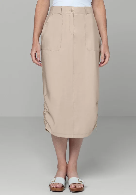 Bianca Kini Ruched Detail Midi Skirt, Beige corduroy skirt cozy