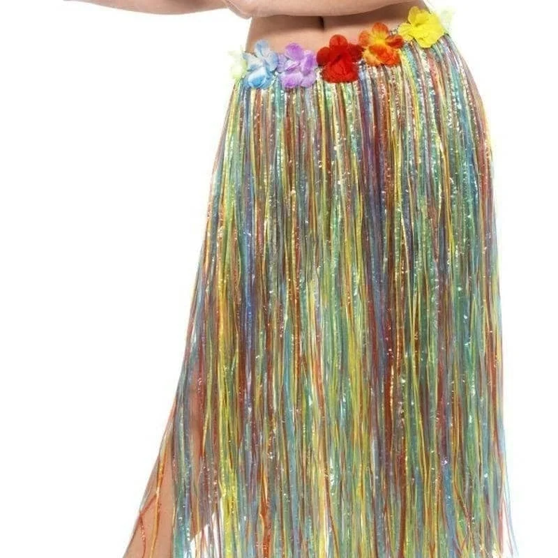 Hawaiian Hula Skirt With Flowers Adult Multi Coloured button skirt front