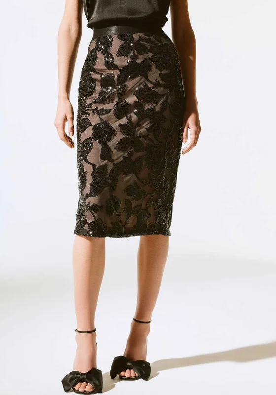 Joseph Ribkoff Sequin Floral Midi Skirt, Black modal blend skirt