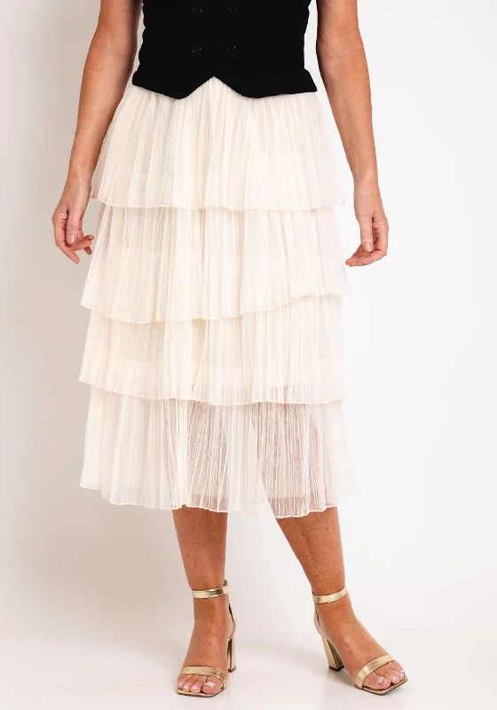 Serafina Collection One Size Tiered Tulle Midi Skirt, Cream leather skirt bold